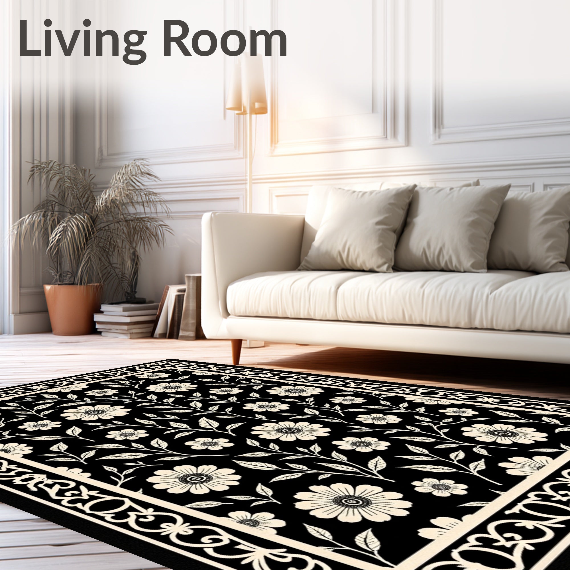 Black Cream Floral Vine Border Rug