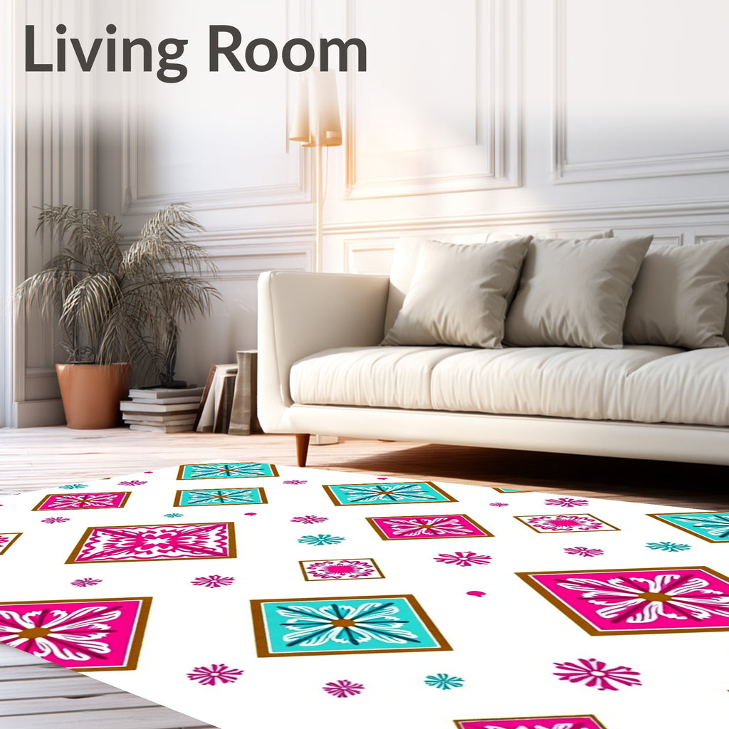 Pink Blue Geometric Tile Rug