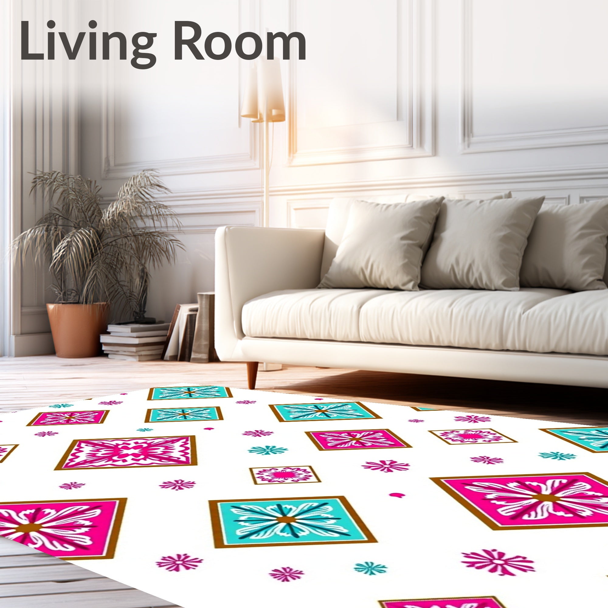 Pink Blue Geometric Tile Rug
