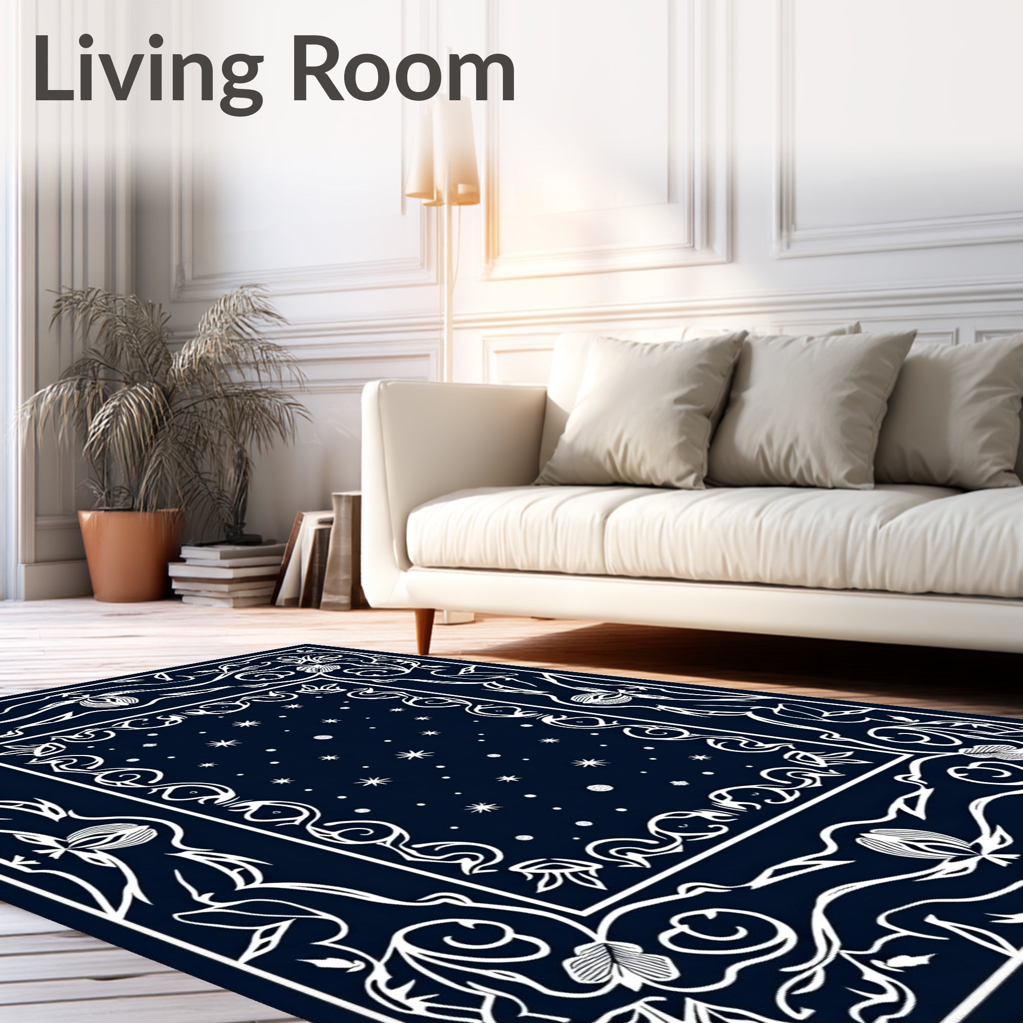 Midnight Floral Scrolled Star Pattern Rug
