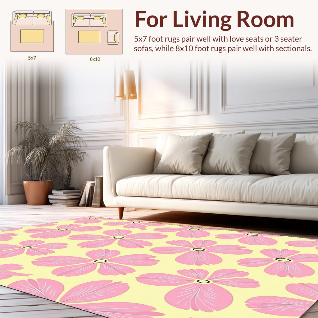 Pink Floral Pattern on Yellow Background Rug