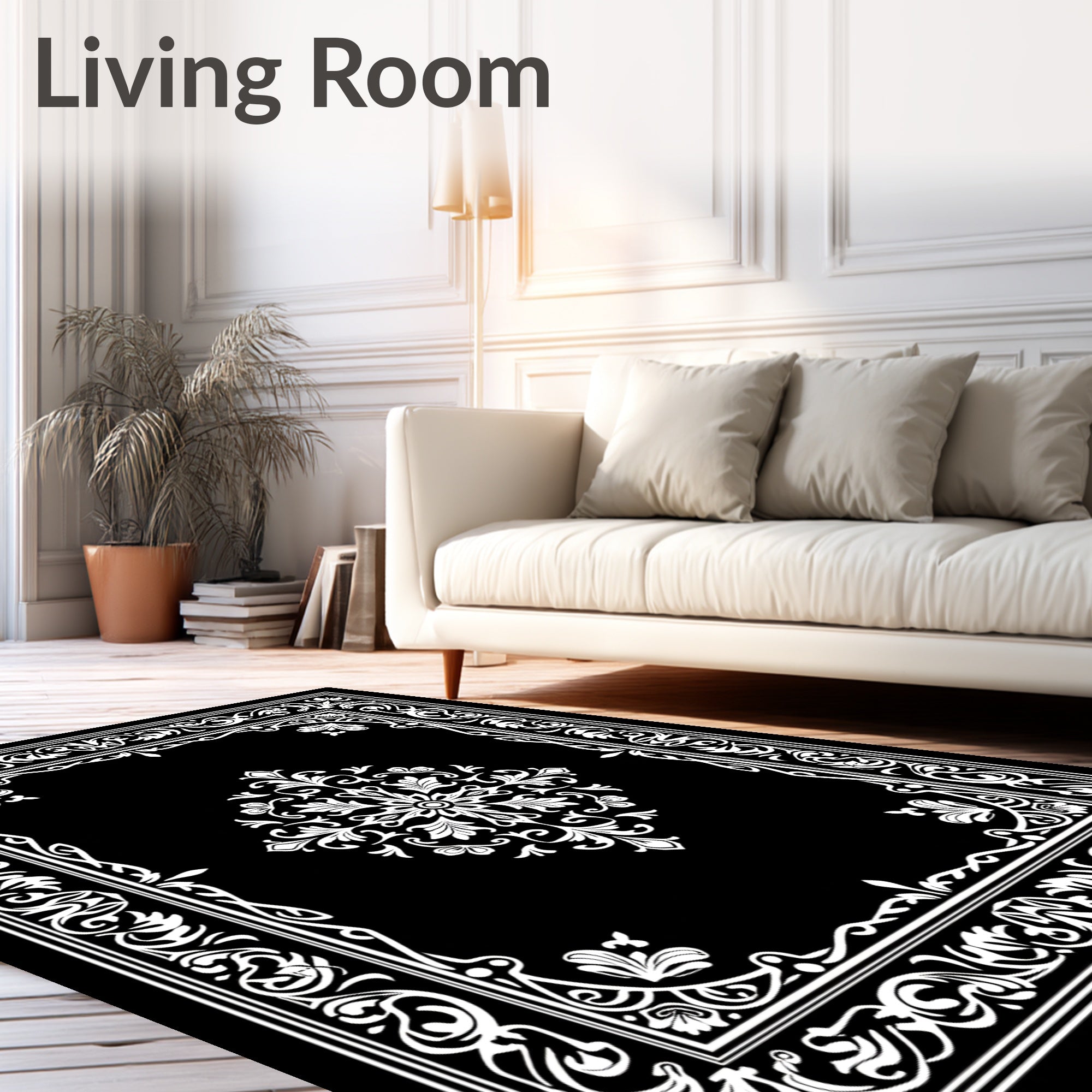 Black White Elaborate Scroll Pattern Rug
