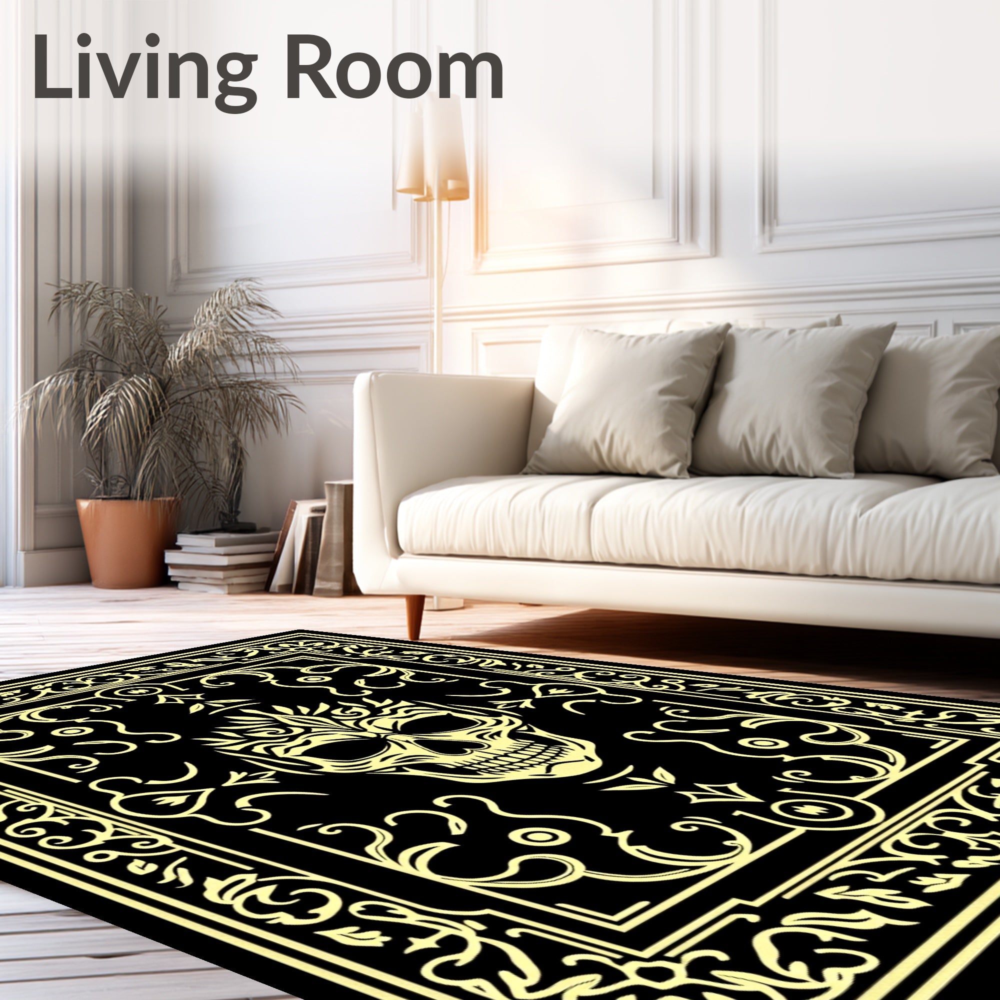 Ornate Golden Skull Baroque Frame Rug