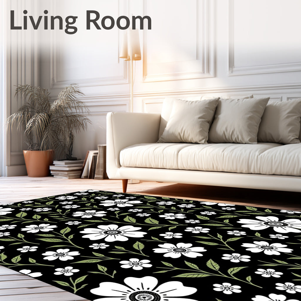 Classic White Floral Green Leaves Design Rug