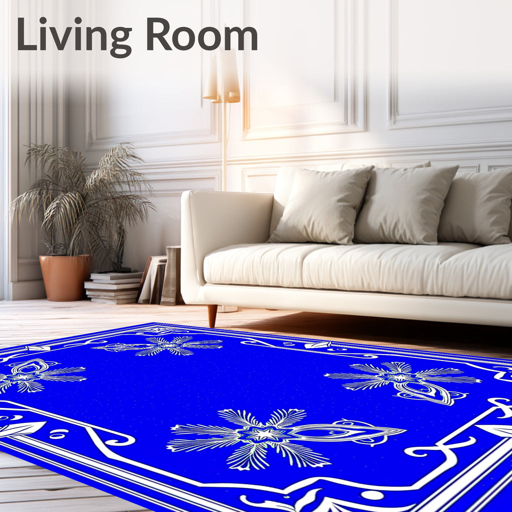 Royal Blue White Floral Medallion Border Rug