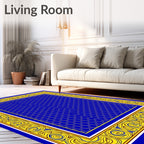Blue Hexagon With Ornate Yellow Border Rug