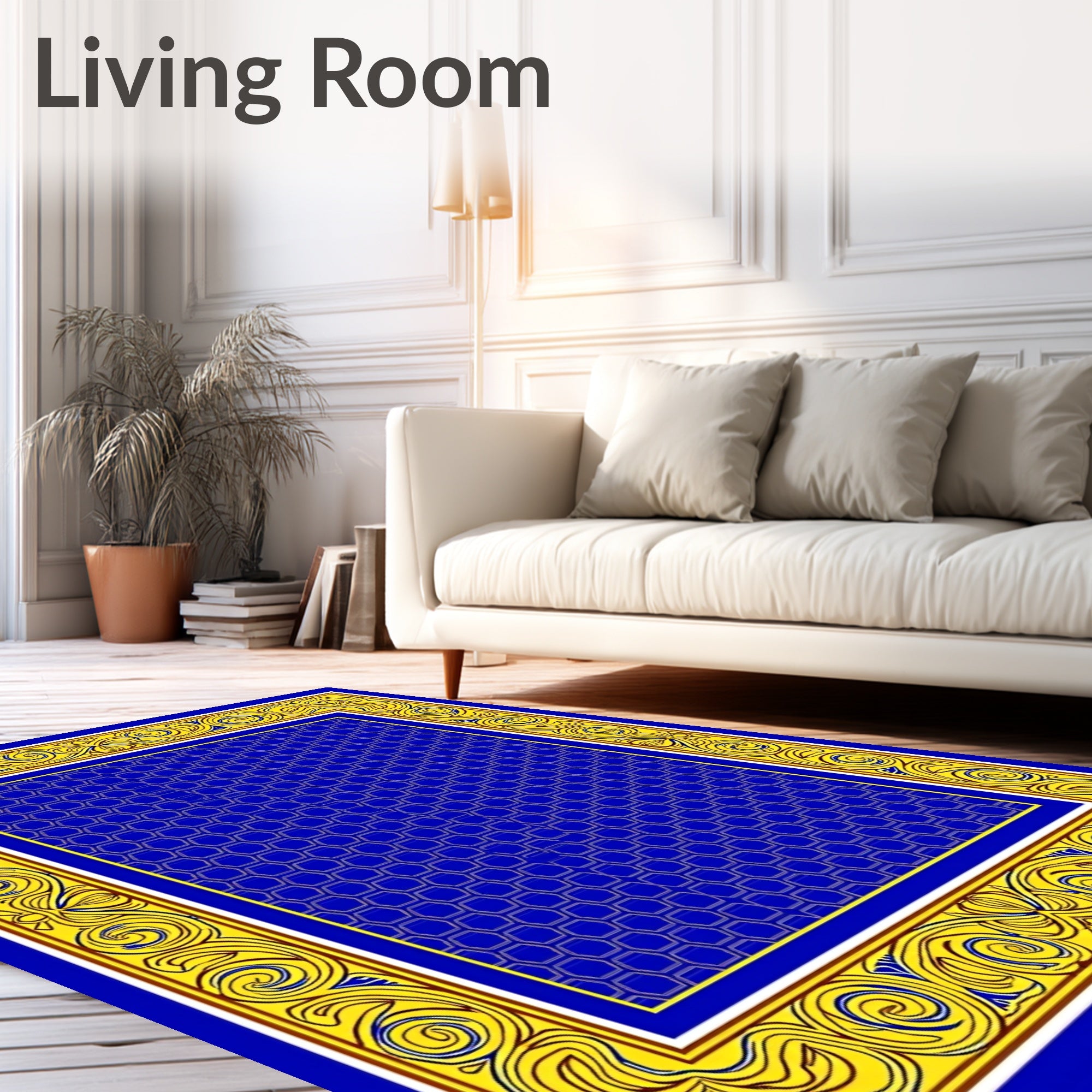 Blue Hexagon With Ornate Yellow Border Rug