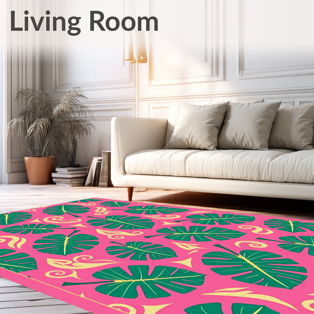 Lush Green Monstera Garden Pink Rug