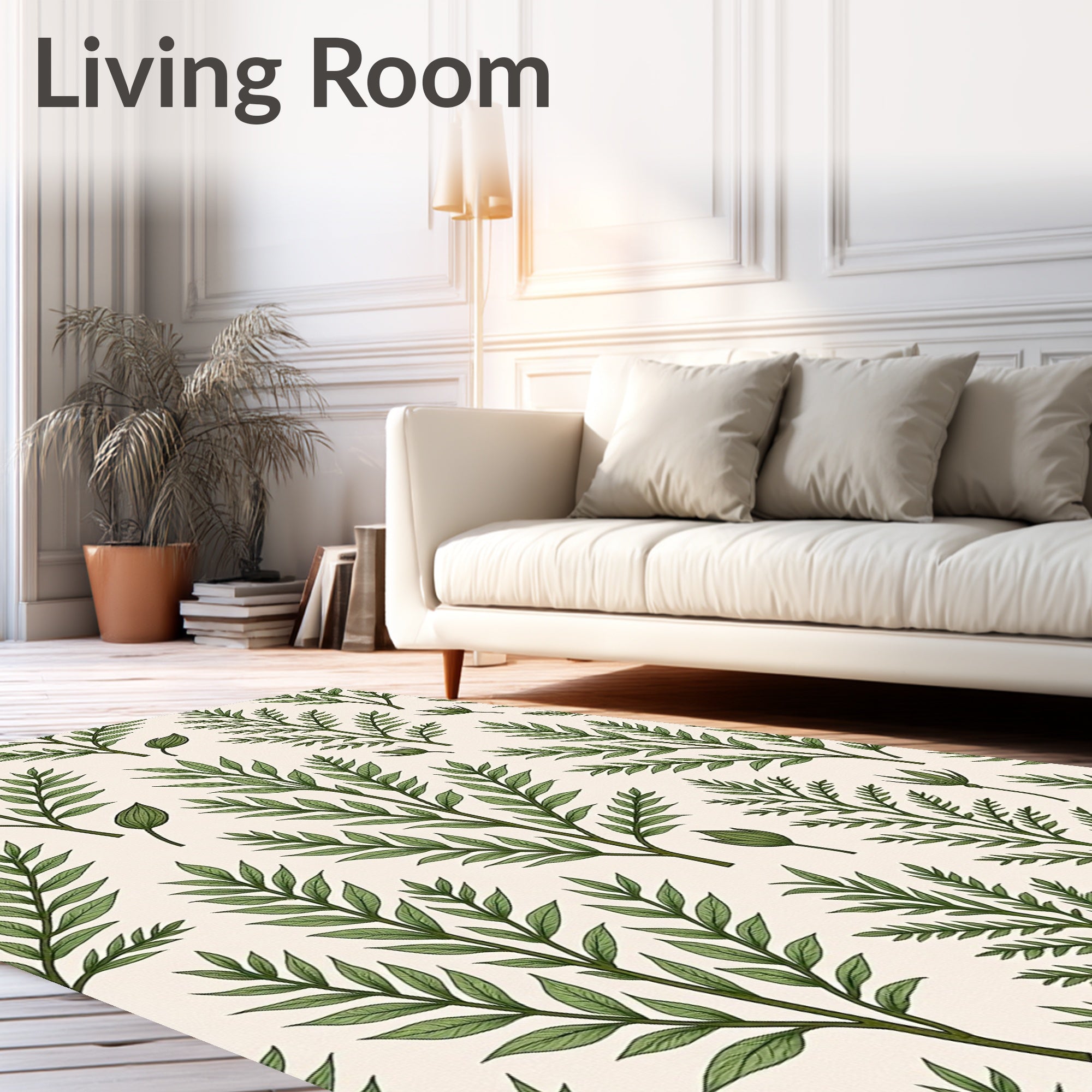 Botanical Green Leaf Branch Pattern Rug