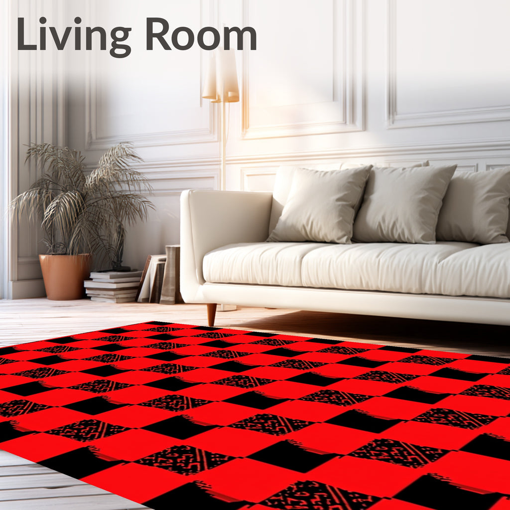 Bold Red Black Checkered Abstract Design Rug