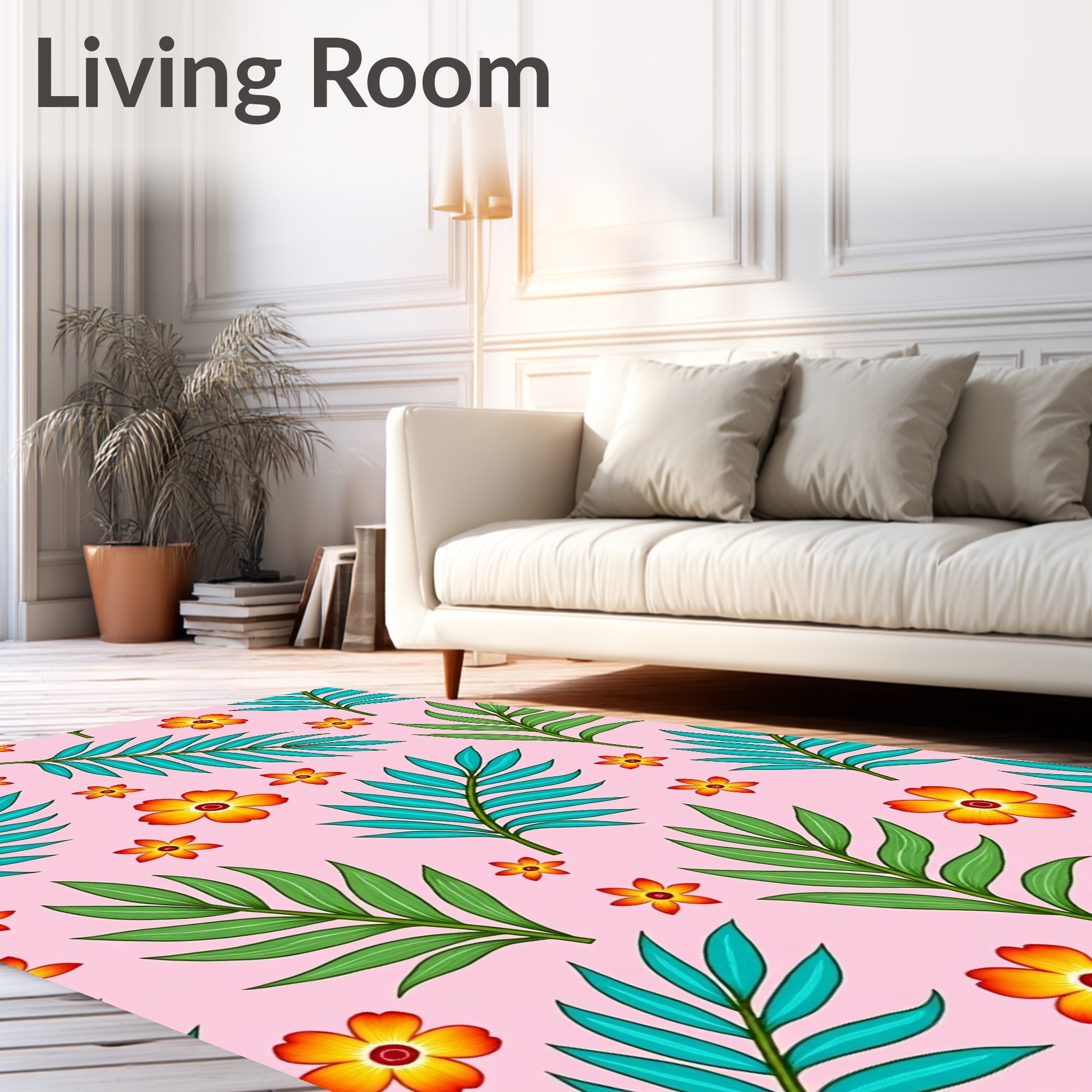 Vibrant Tropical Floral Leaf Pink Rug