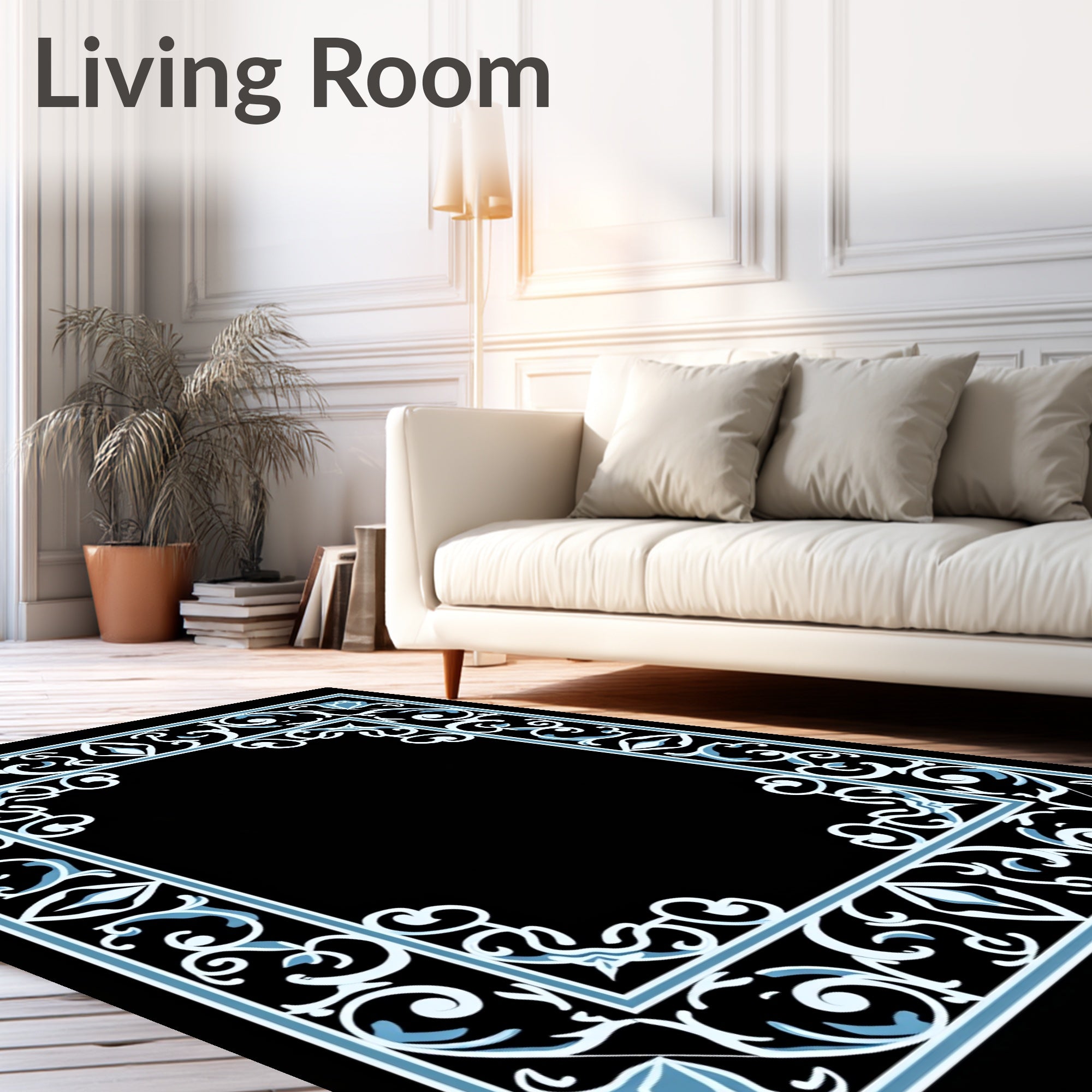 Ornate Blue White Floral Scroll Rug