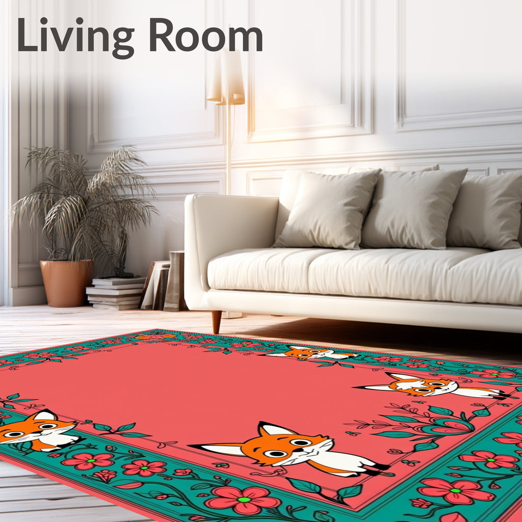 Playful Fox and Floral Border Design Rug
