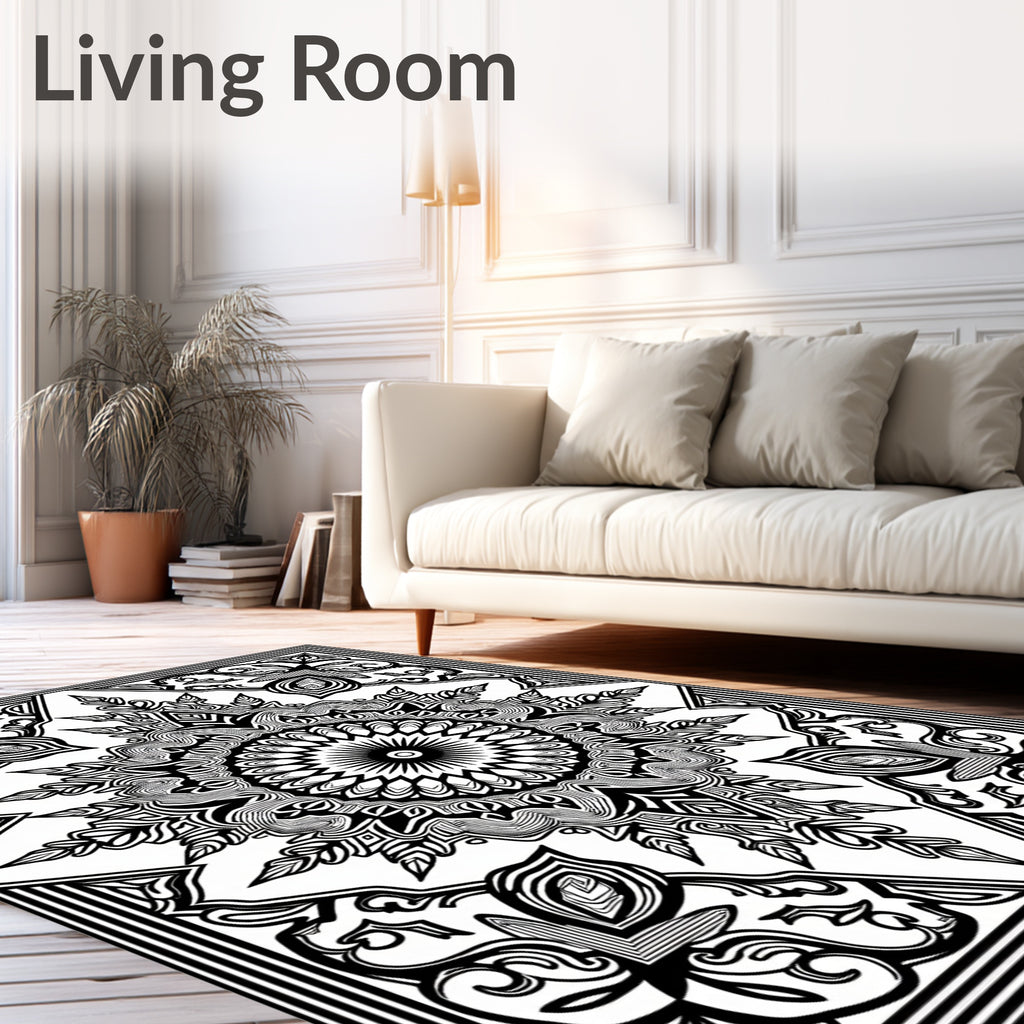 Intricate Black White Floral Mandala Rug