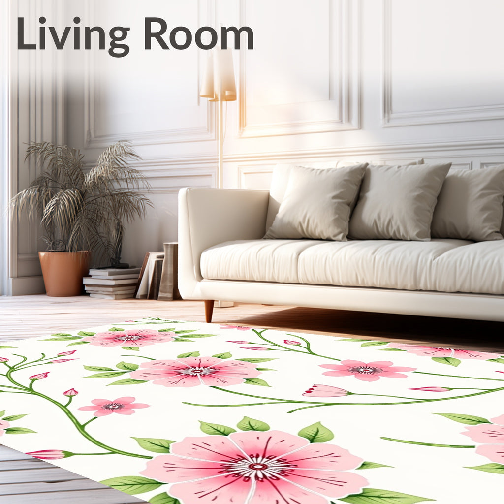 Whimsical Pink Floral Vine Pattern Rug