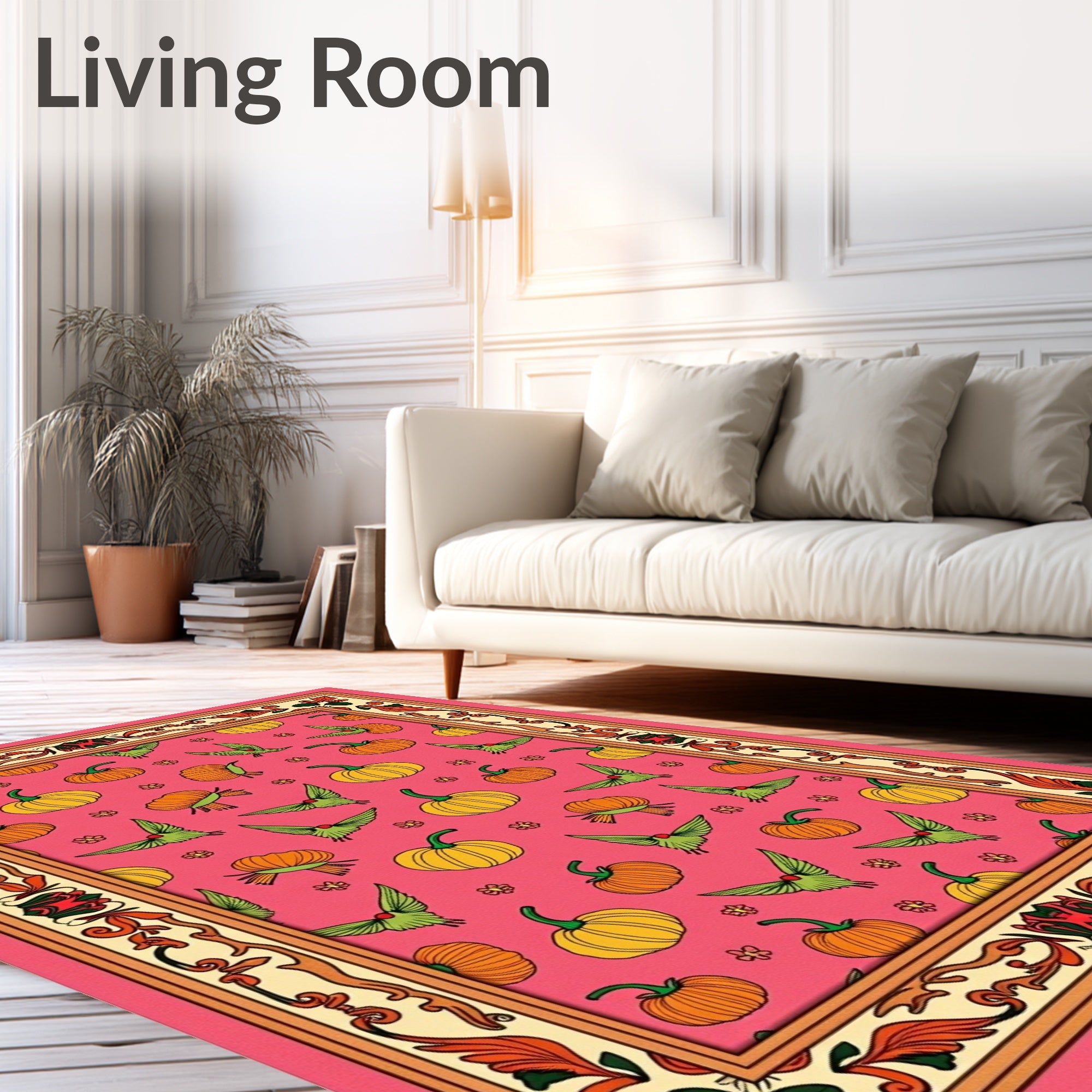 Whimsical Pumpkin Bird Pattern Frame Rug