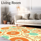 Orange Teal Floral Swirl Pattern Rug