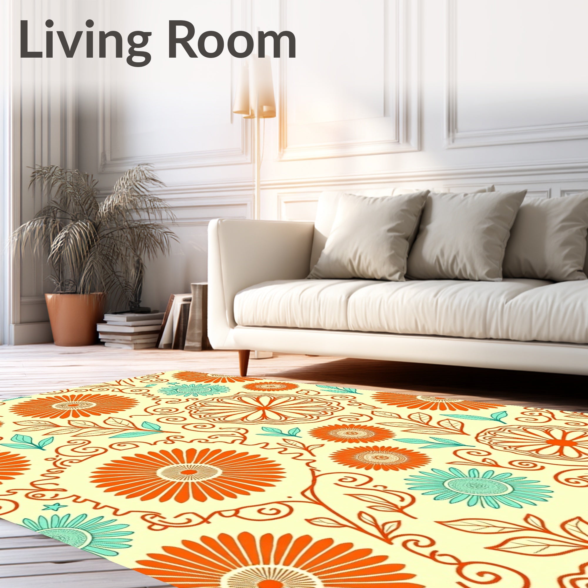 Orange Teal Floral Swirl Pattern Rug