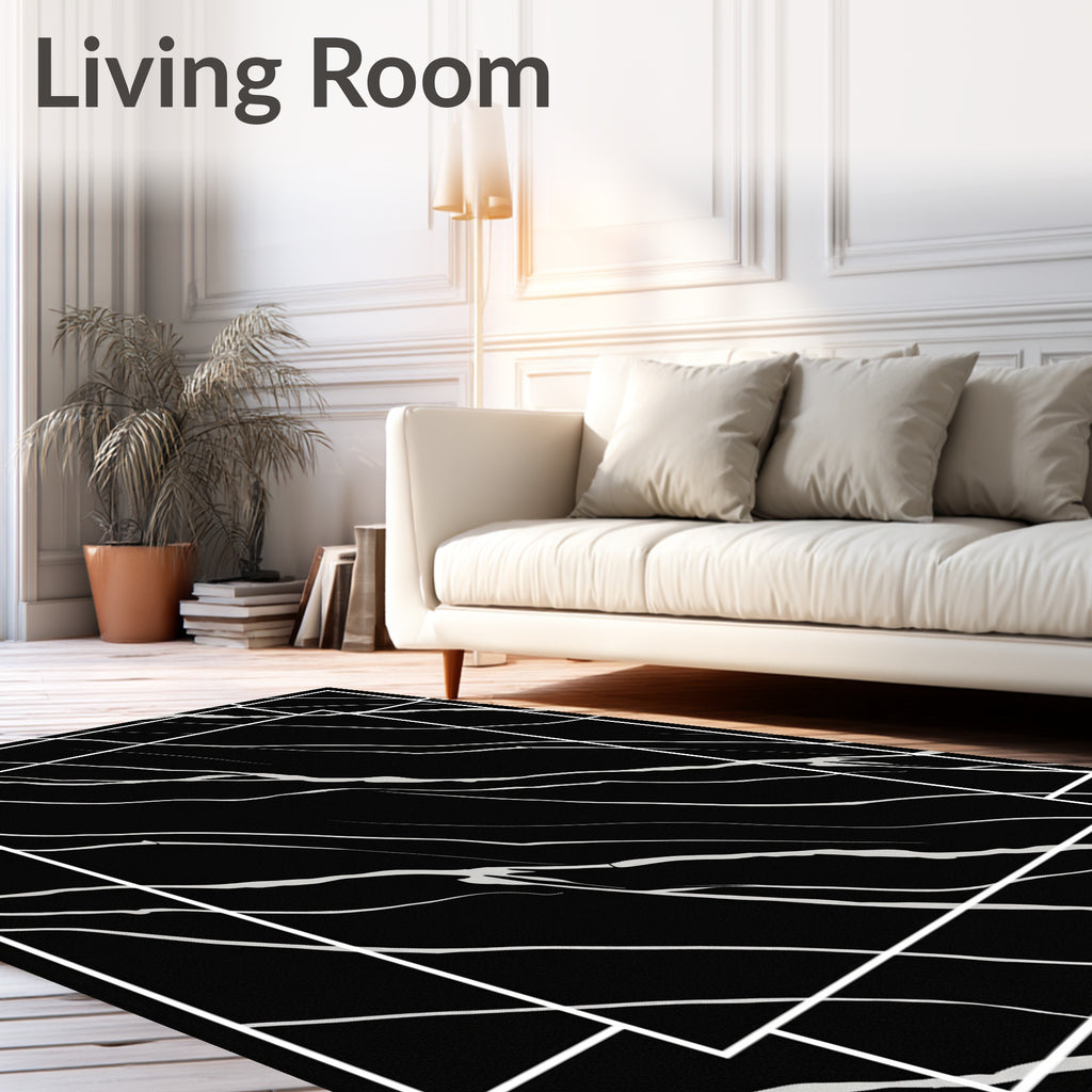 Black White Abstract Marbled Design Rug