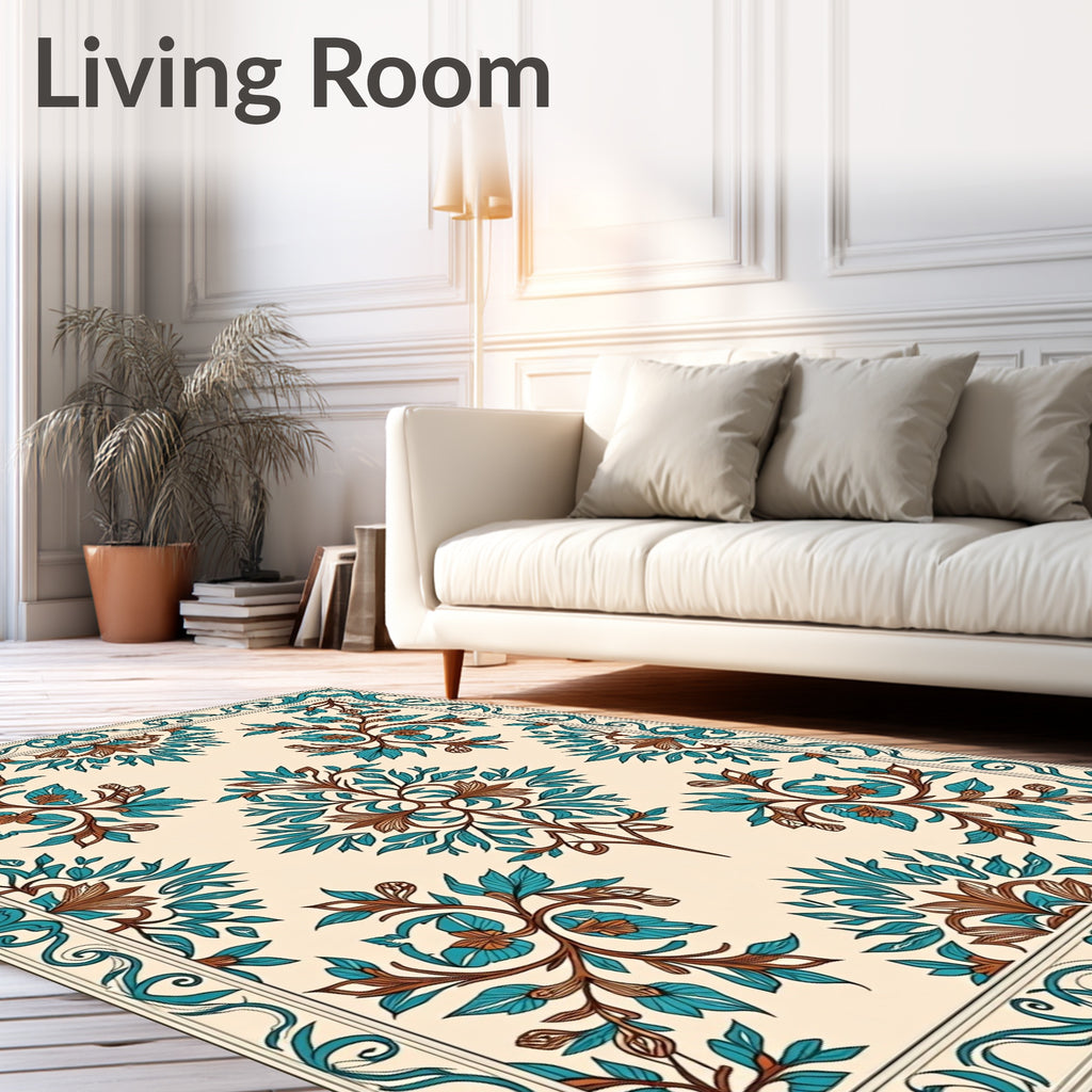Elegant Teal Brown Floral Pattern Rug