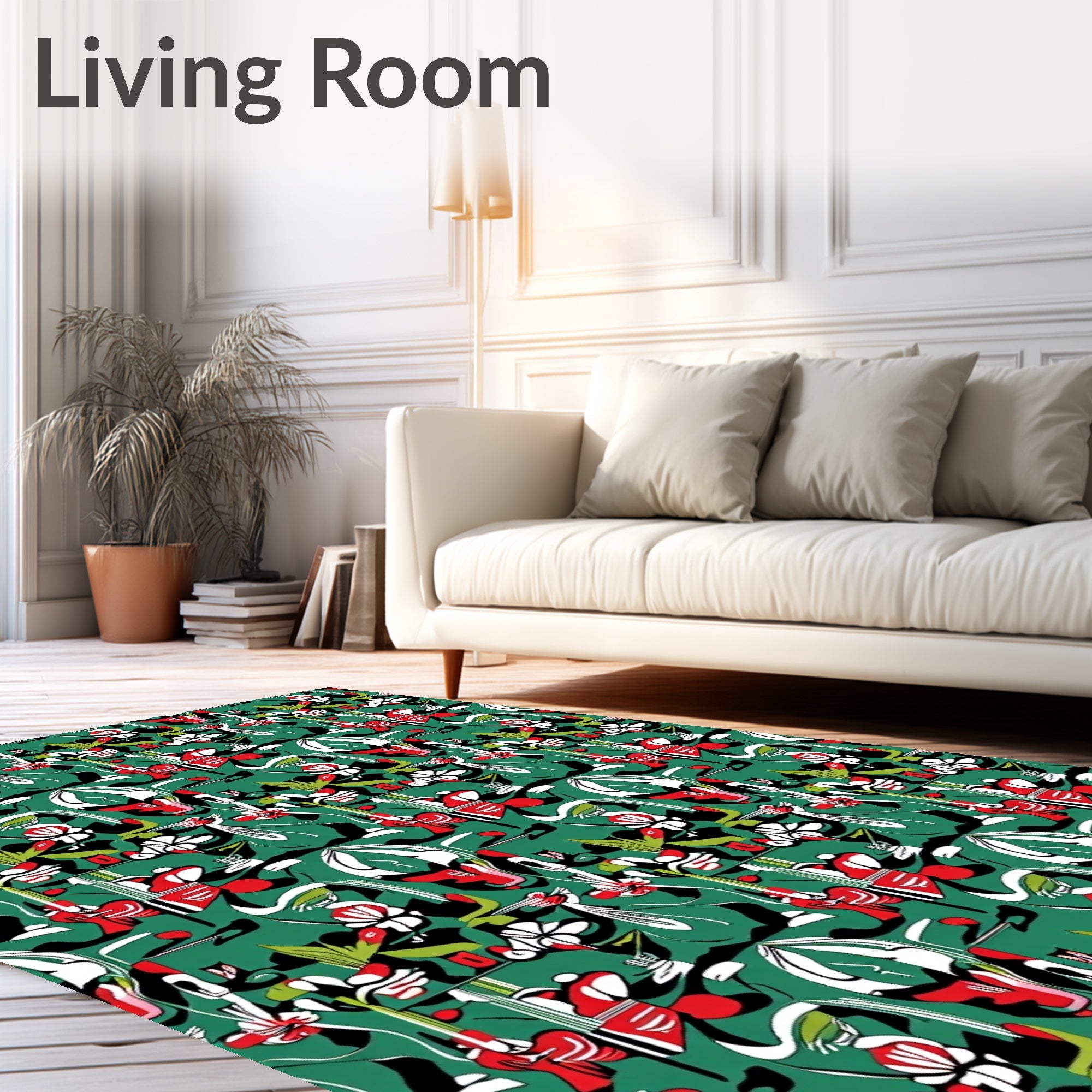 Vibrant Red White Abstract Floral Design Rug