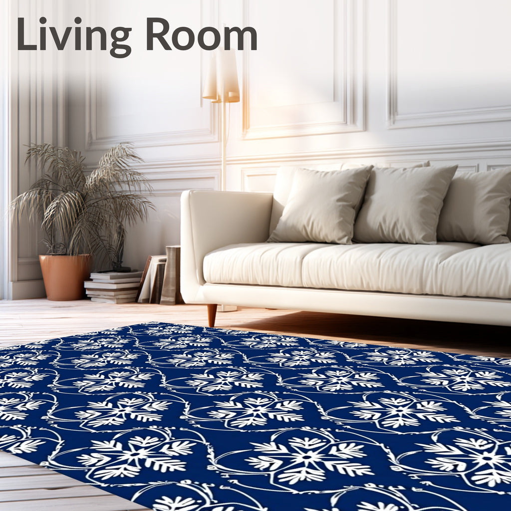Deep Blue White Snowflake Damask Medallion Rug