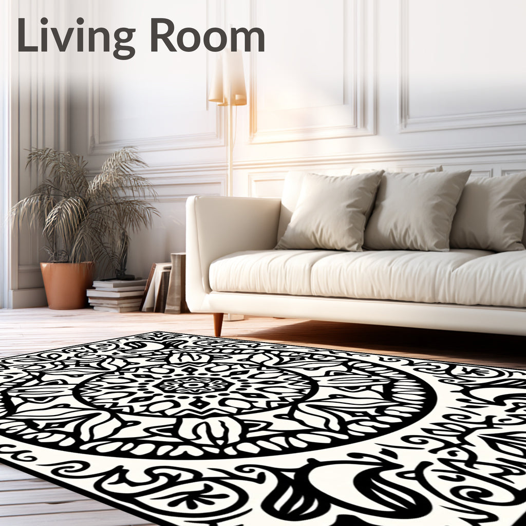 Black White Ornamental Circle Pattern Rug