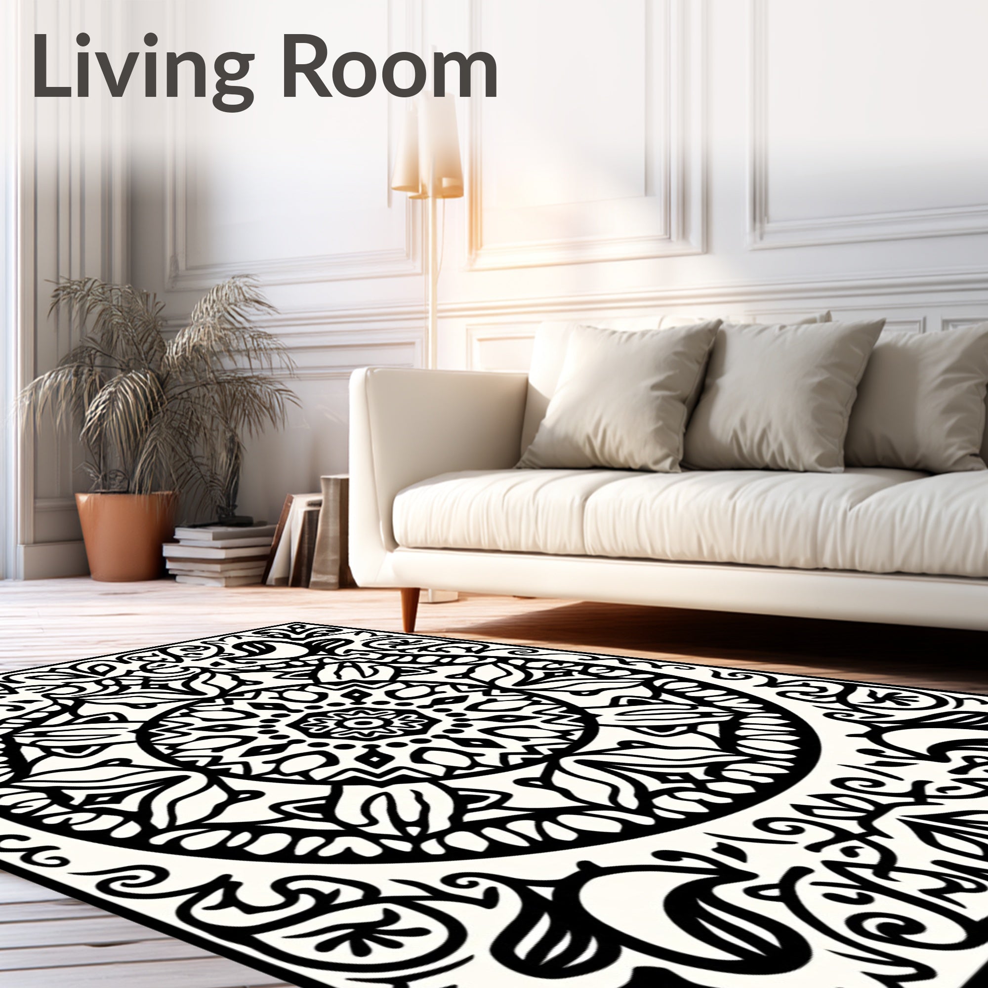 Black White Ornamental Circle Pattern Rug