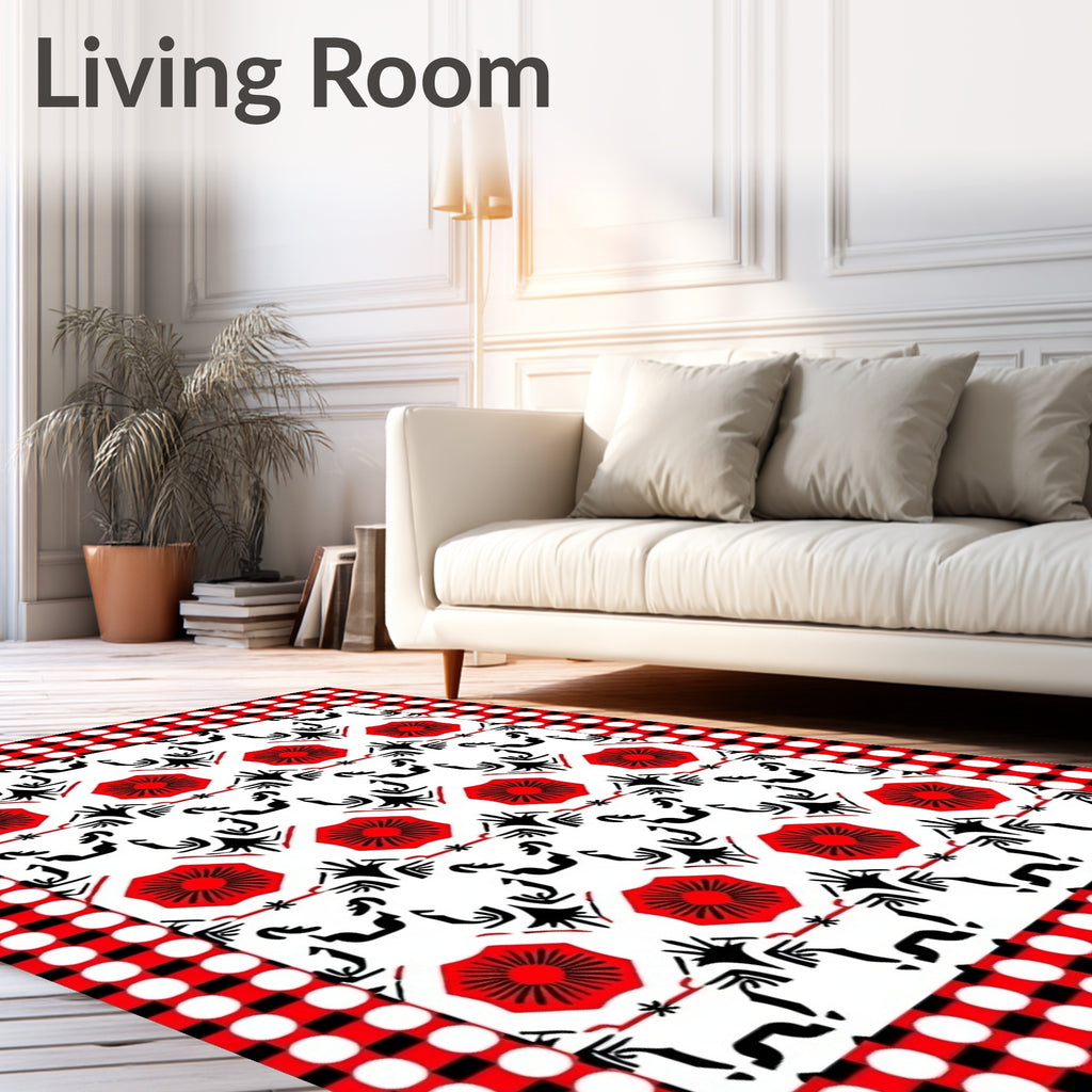 Bold Red Flower Gingham Pattern Rug