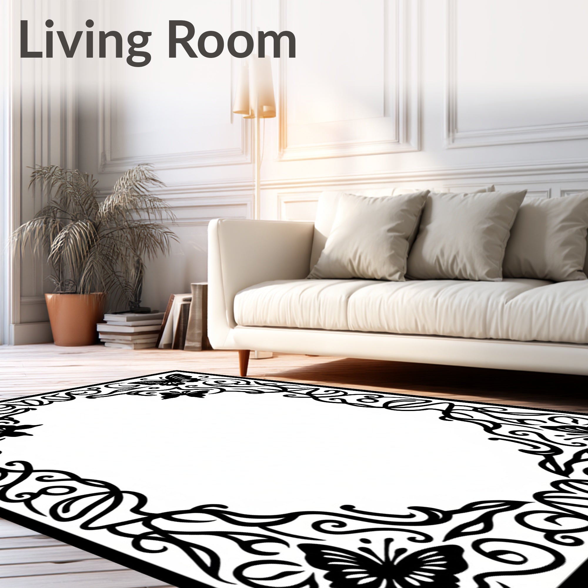 Delicate Botanical Butterfly Scrollwork Rug