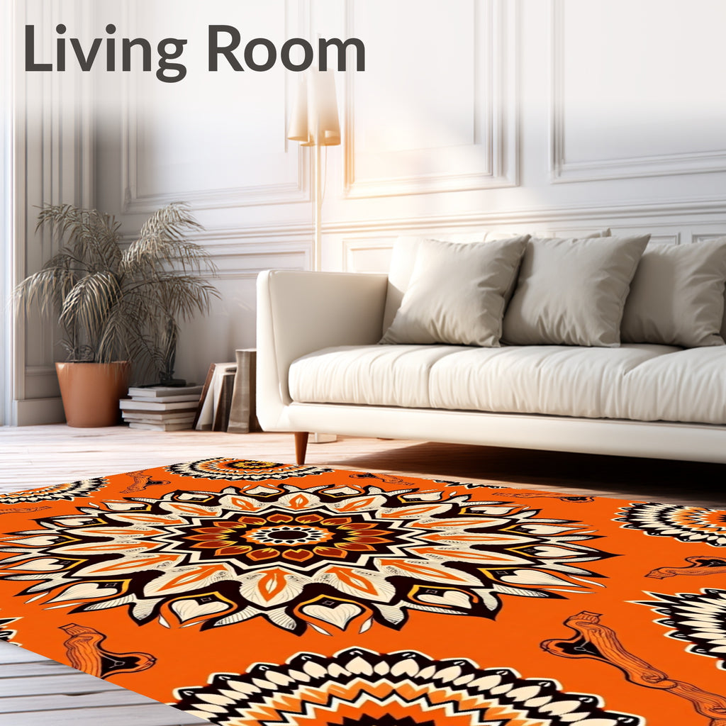 Orange Mandala Style Floral Pattern Rug