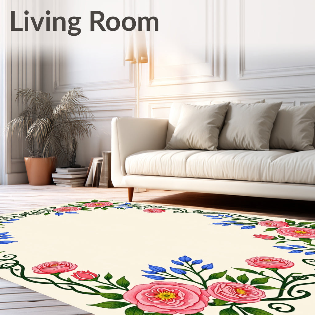 Elegant Pink Rose Vine Pattern Rug