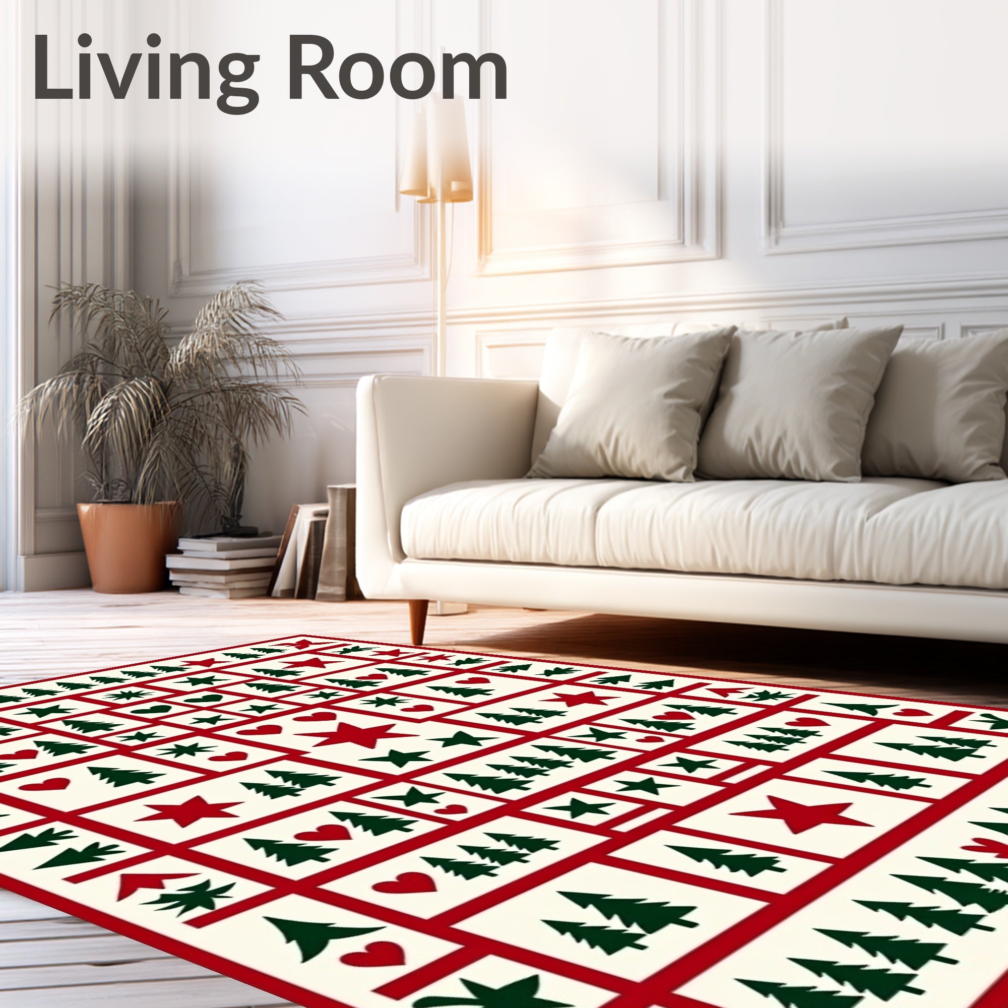 Festive Red Green Trees Stars Hearts Pattern Rug