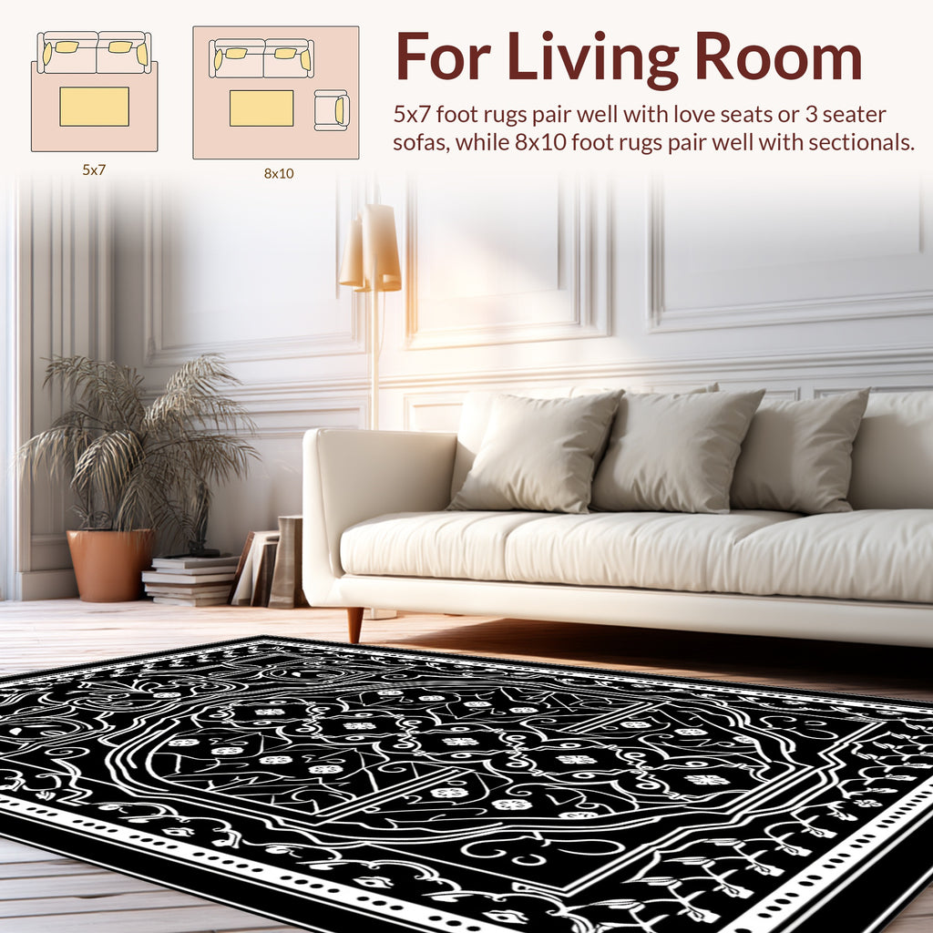 Intricate Black White Floral Design Rug