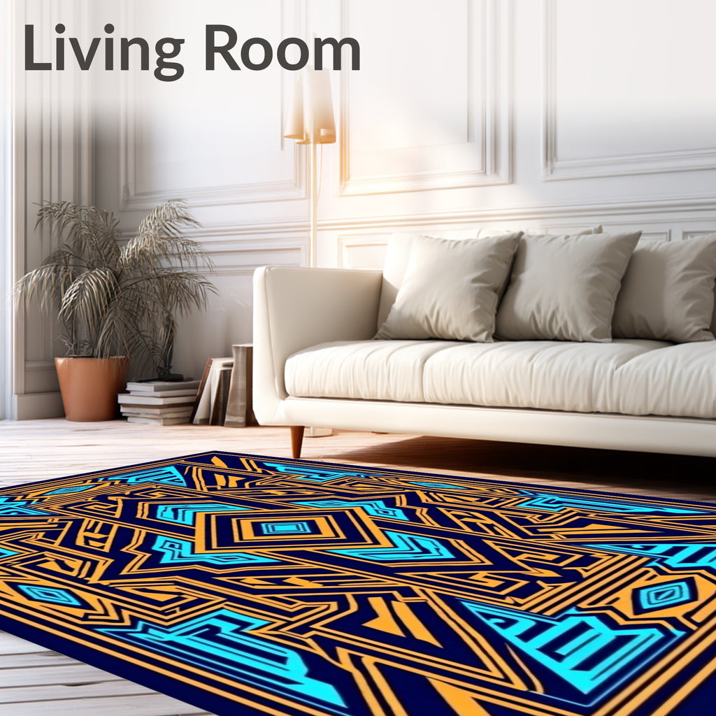 Symmetrical Geometric Lines Blue Orange Pattern Rug