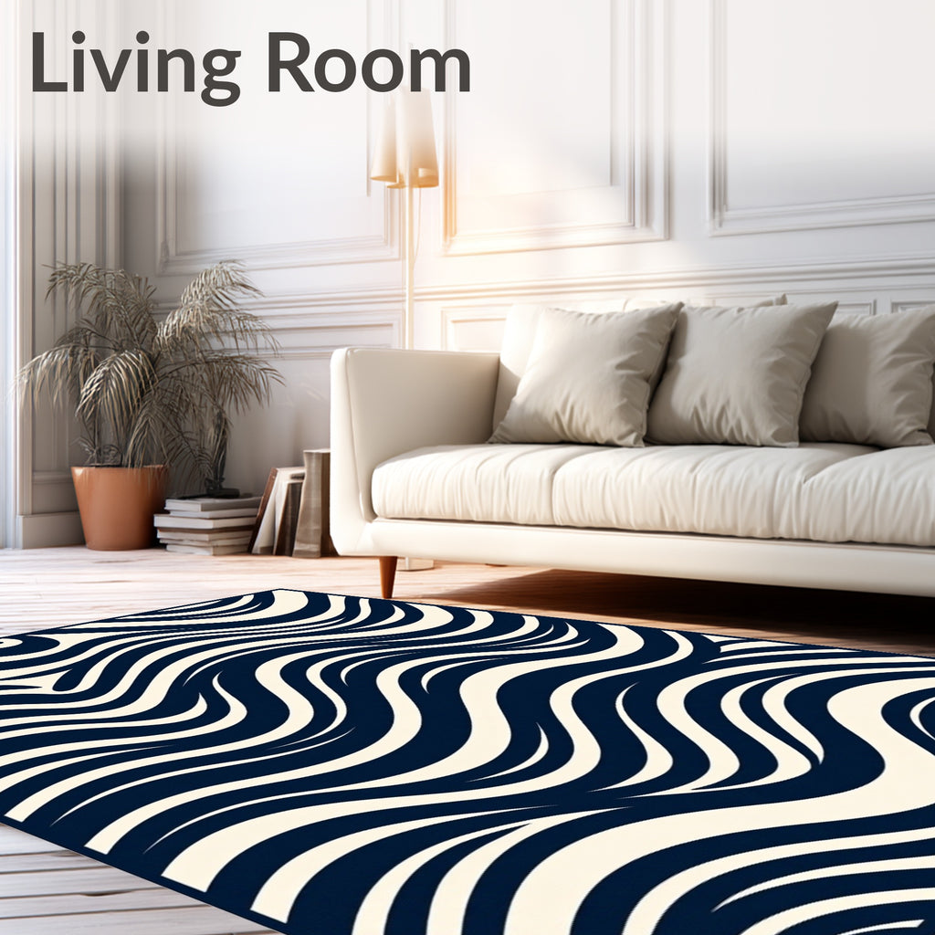 Abstract Navy Cream Wavy Stripes Rug