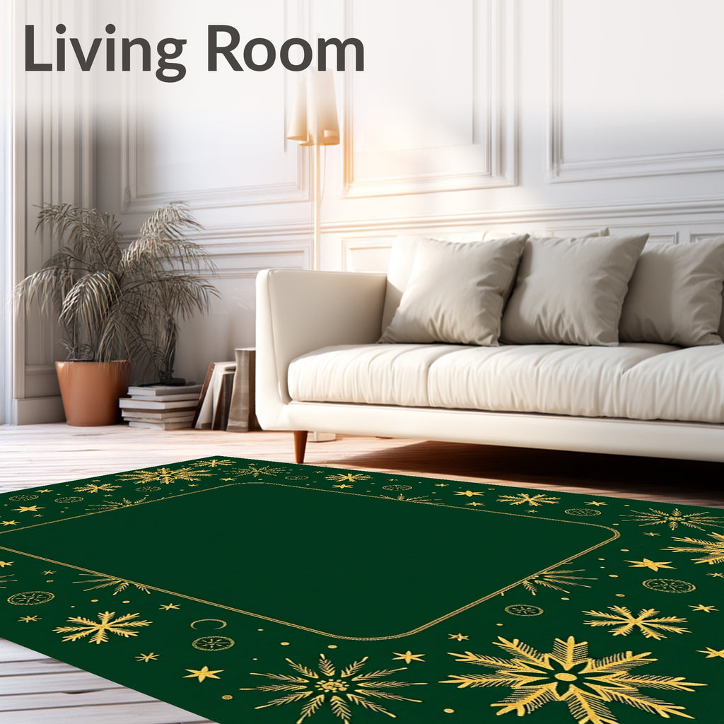 Golden Snowflakes on Emerald Green Field Rug