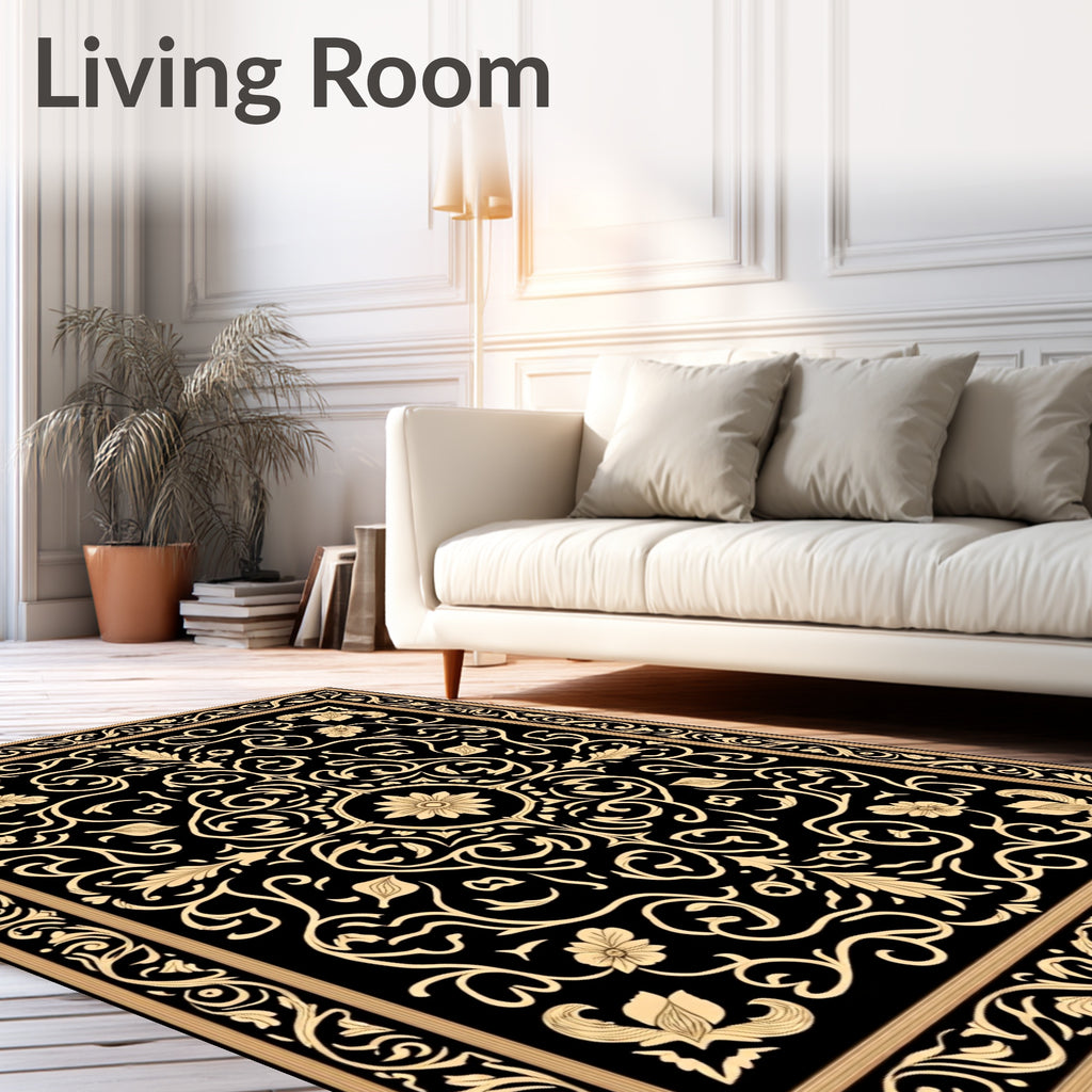 Vintage Black Gold Floral Pattern Rug
