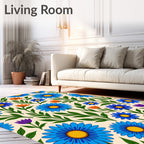 Vivid Blue Orange Floral Pattern Rug