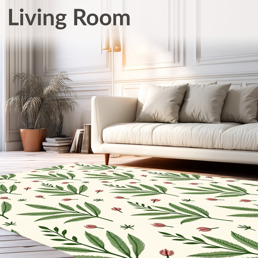 Green Leaf and Pink Bud Pattern Rug