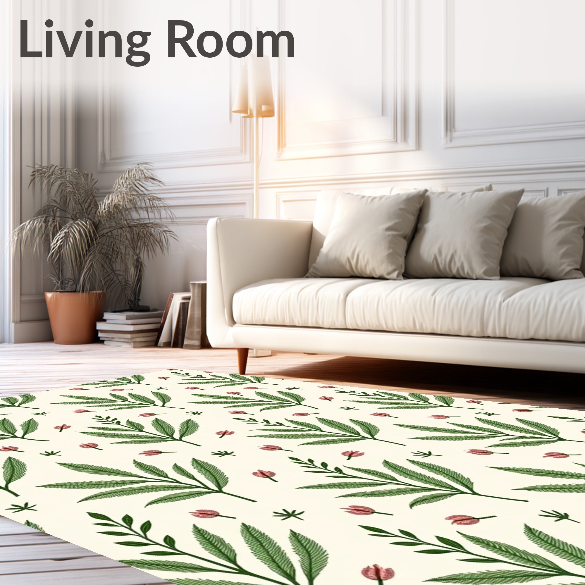 Green Leaf and Pink Bud Pattern Rug