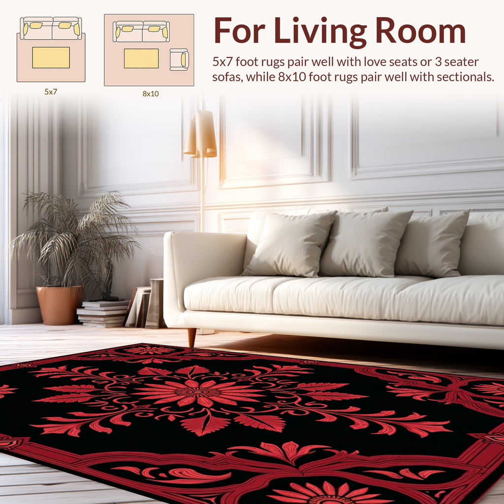 Ornate Red Floral Scrollwork Pattern Rug