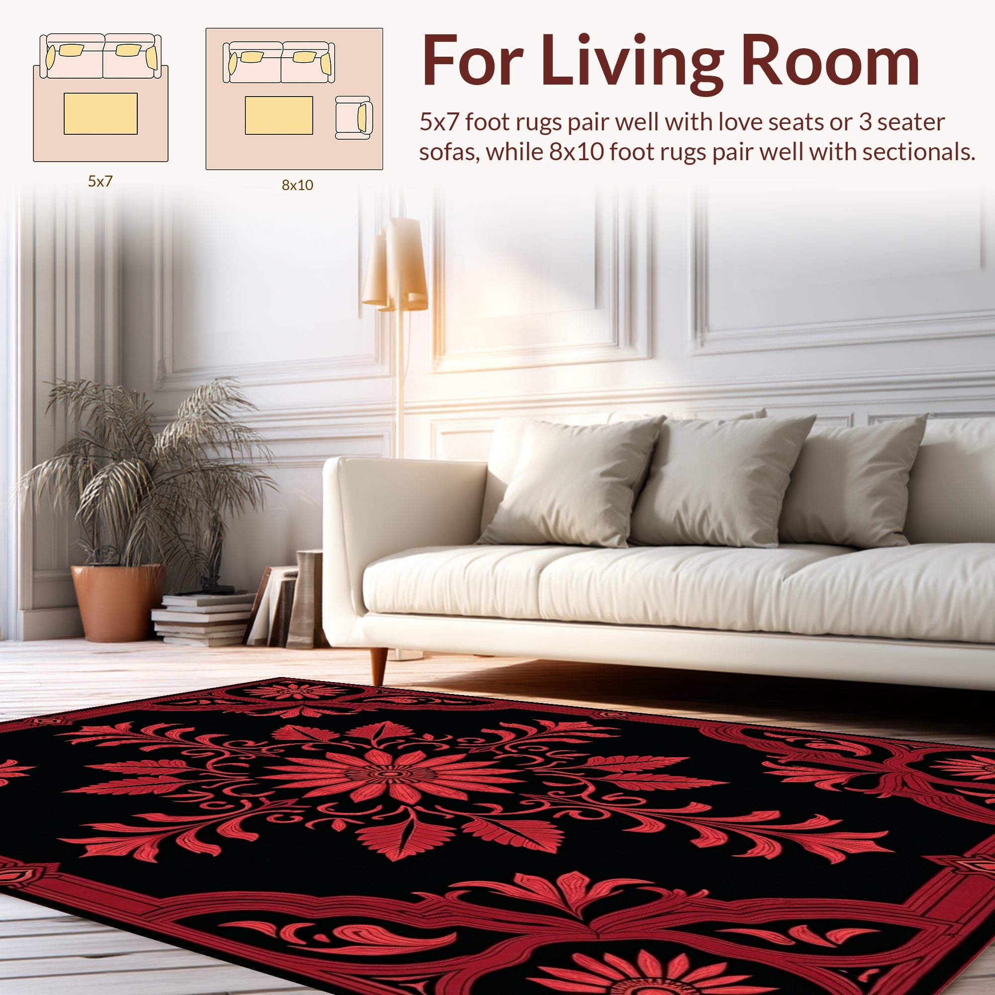 Ornate Red Floral Scrollwork Pattern Rug