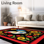 Bold Rooster Floral Border Design Rug