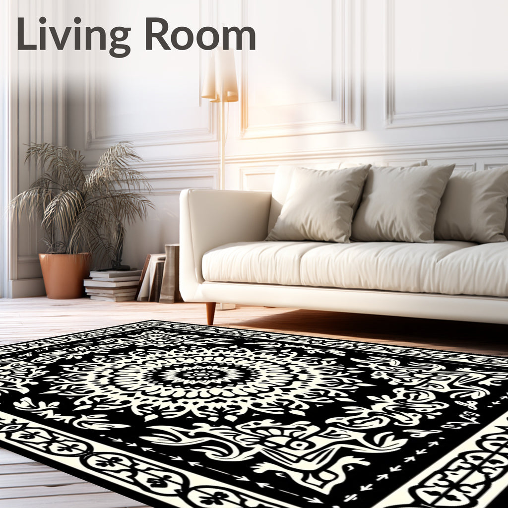 Monochromatic Intricate Mandala Border Design Rug