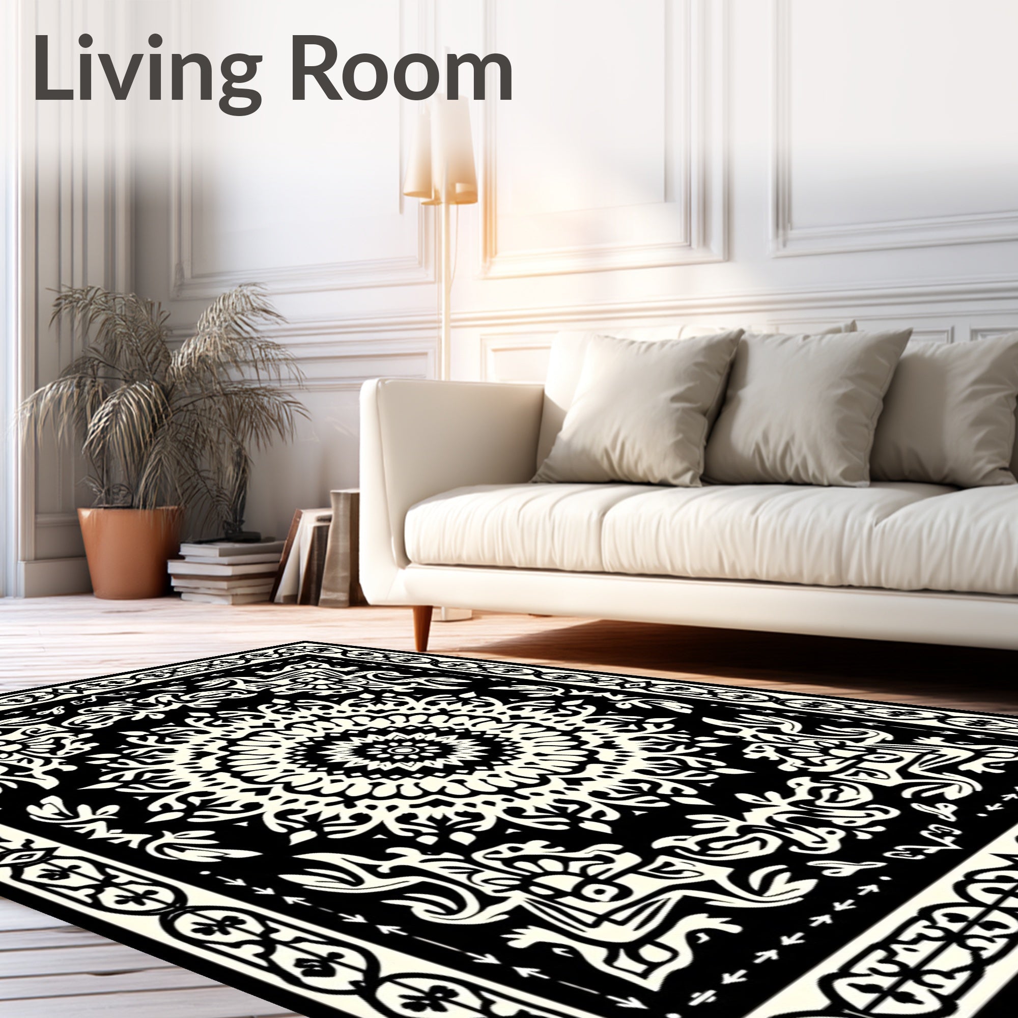 Monochromatic Intricate Mandala Border Design Rug