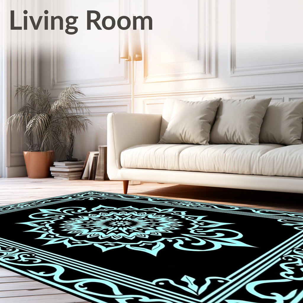 Aqua Floral Mandala With Outer Border Rug