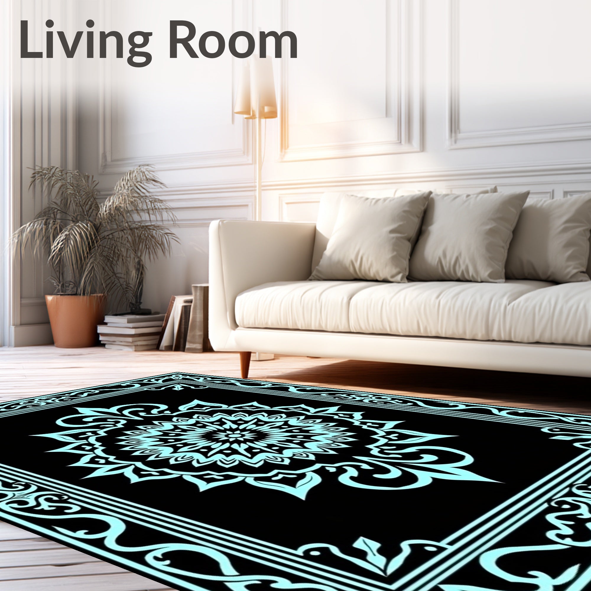 Aqua Floral Mandala With Outer Border Rug