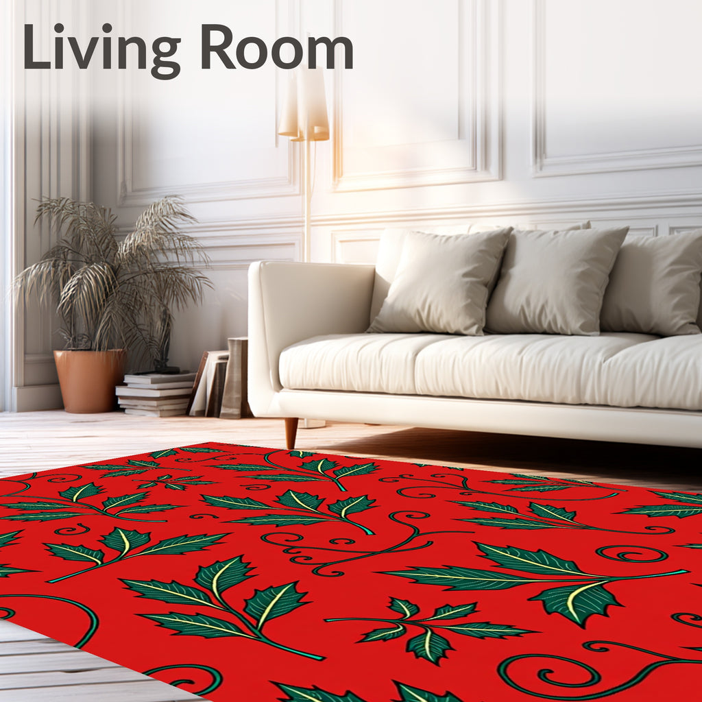 Vibrant Red Green Leaf Swirl Pattern Rug