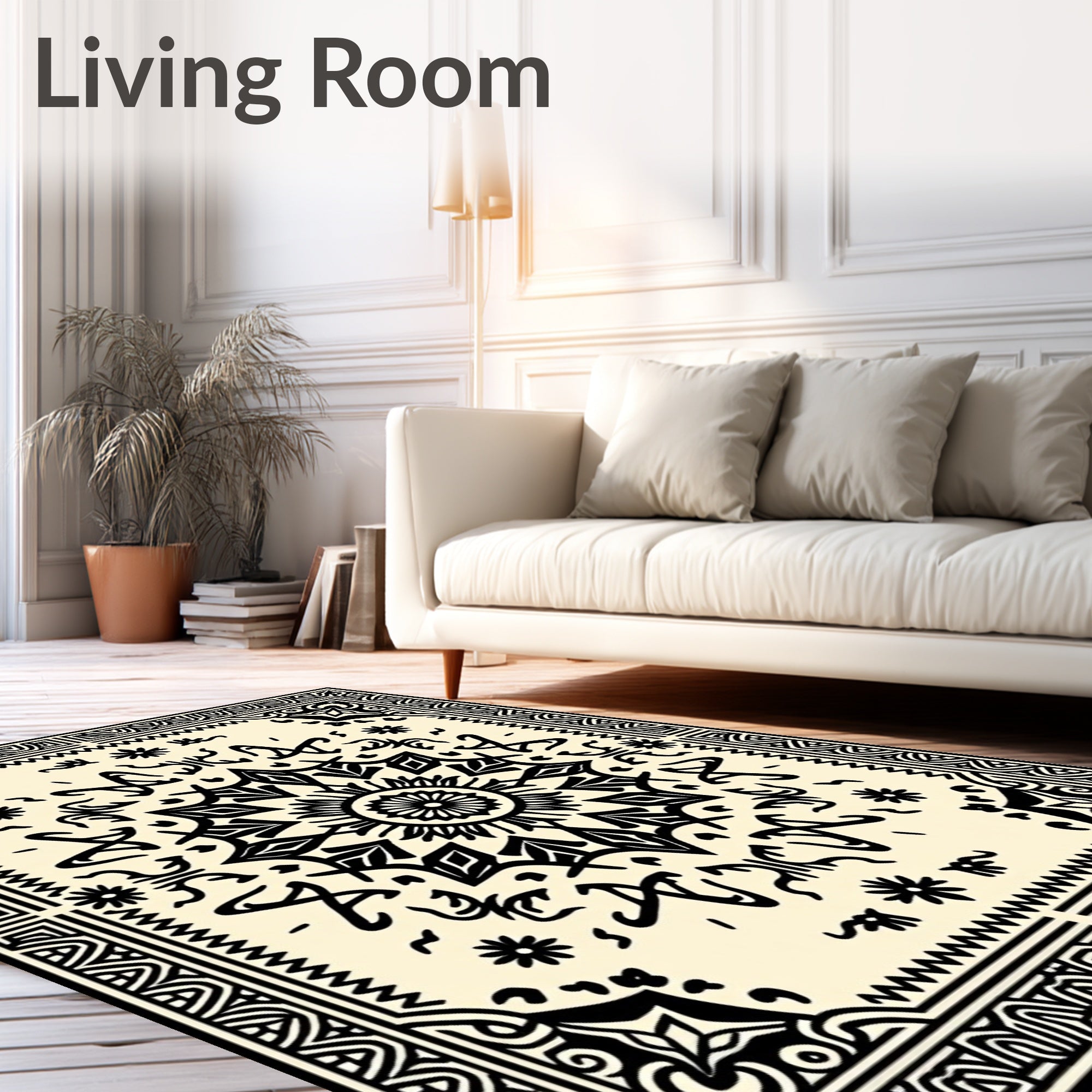 Intricate Black Mandala Damask Pattern Rug
